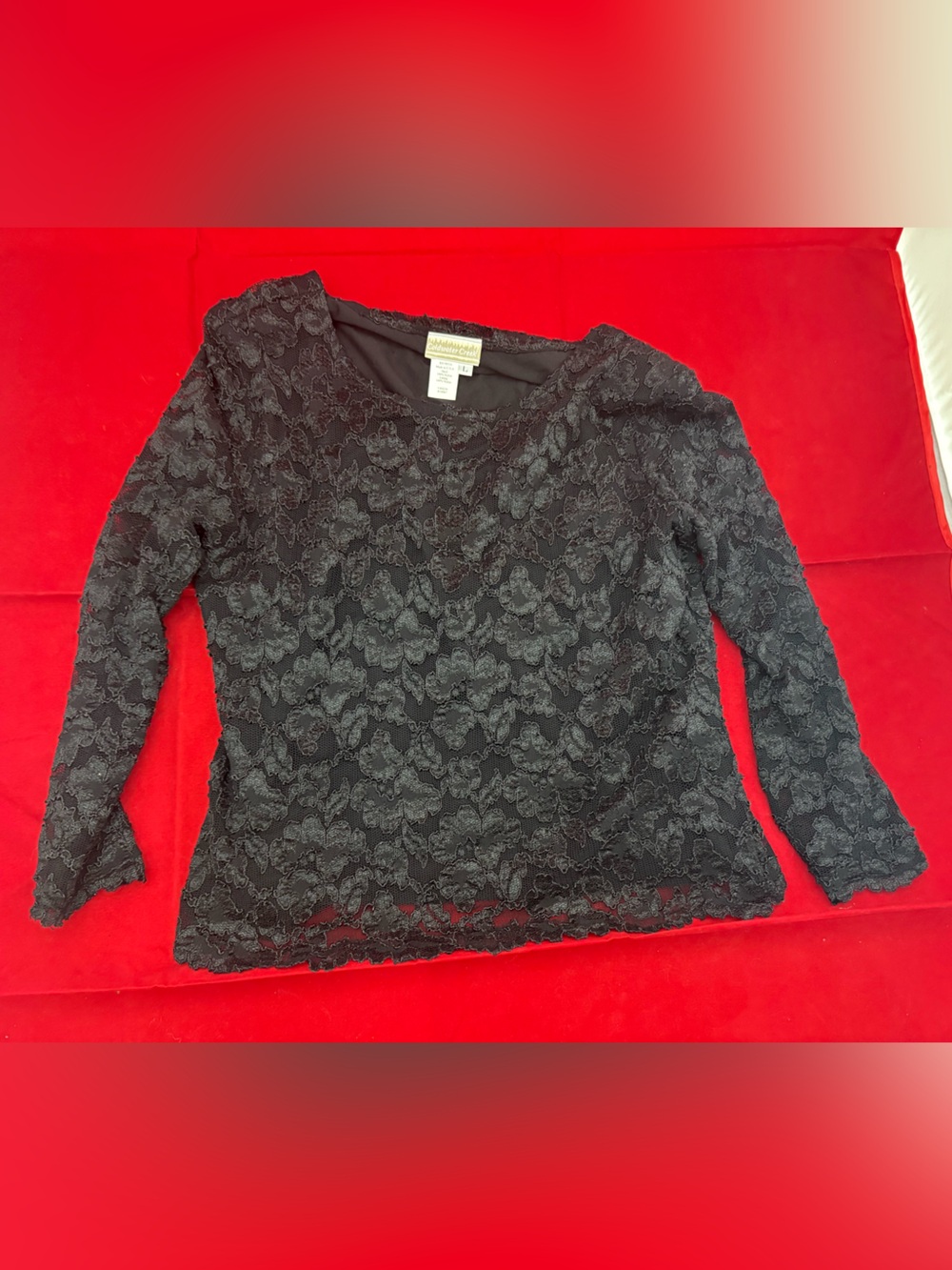 Coldwater Creek Black Floral Lace Top Women's Large Long Sleeve Sheer Overlay